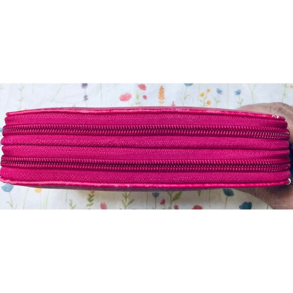 Pink Faux Leather Wallet Clutch Triple Zipper Compartments Wrist Strap Pink/Red - Picture 4 of 6